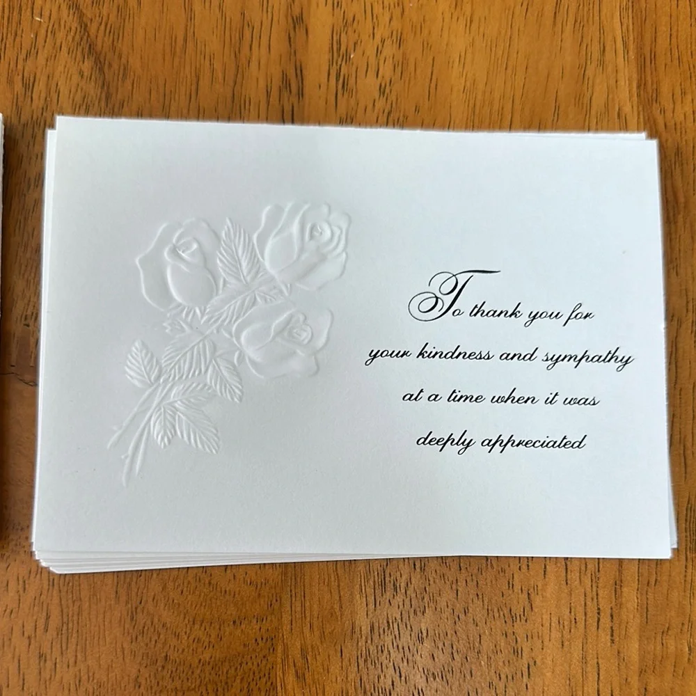 Sympathy thank you cards with matching envelopes. White with black writing